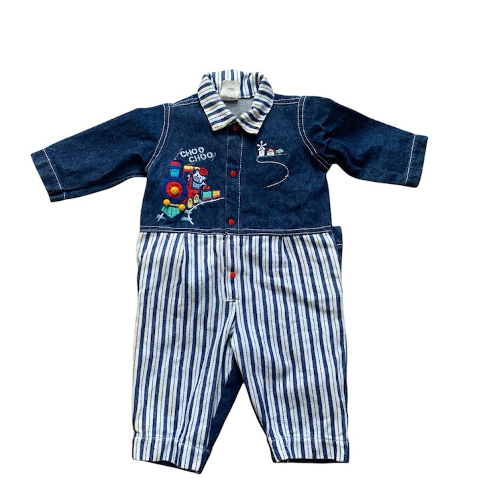 Vintage Blue & Striped Choo Choo Outfit 3-6M